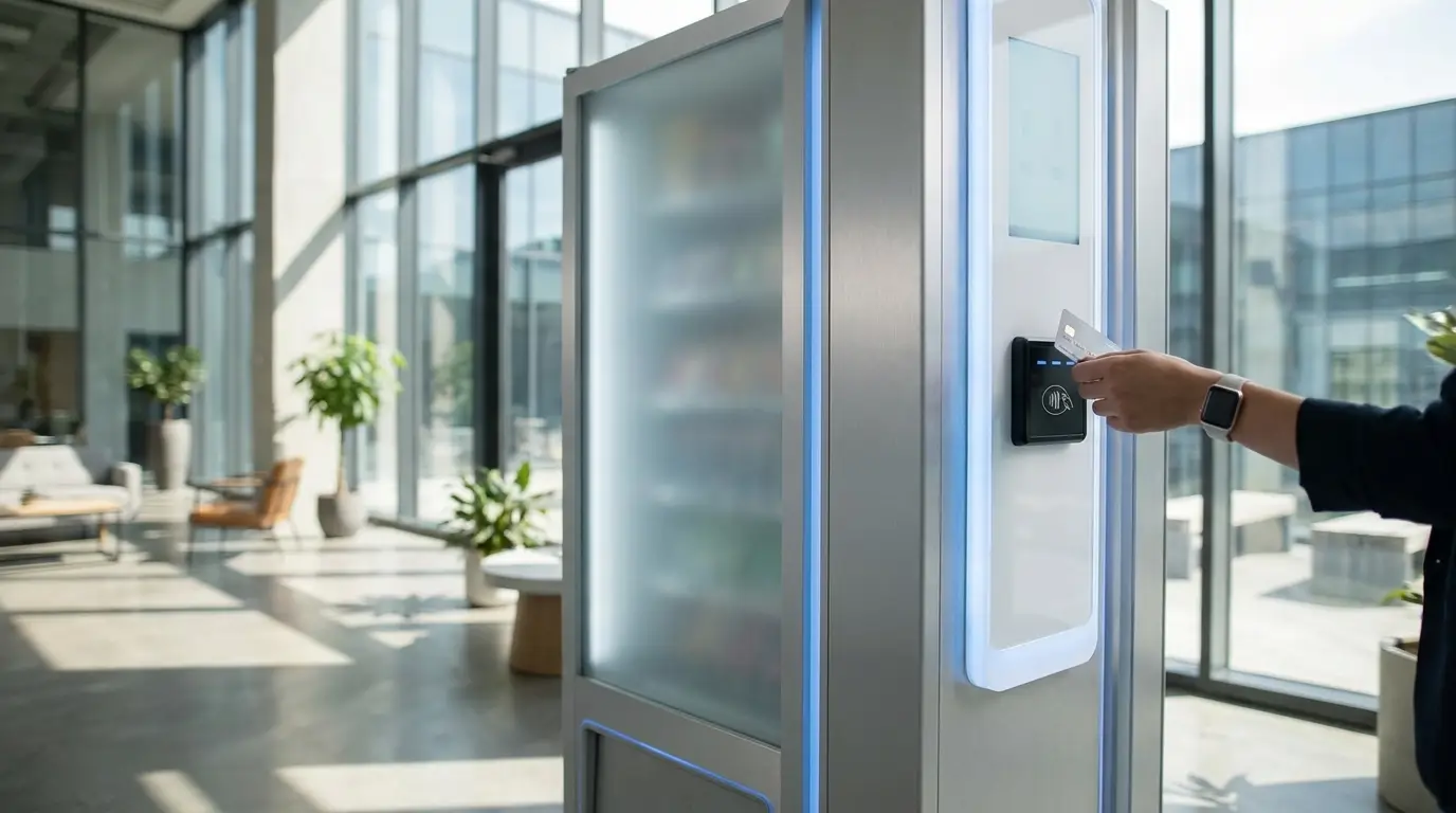 Customer tapping a card on a contactless payment terminal fitted to a vending machine