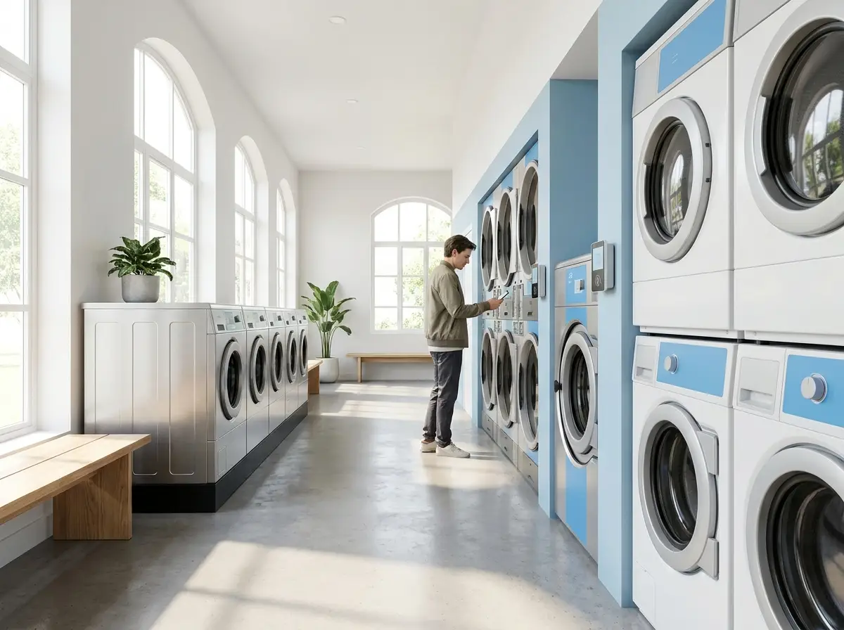 Customer paying by phone at a laundromat washing machine
